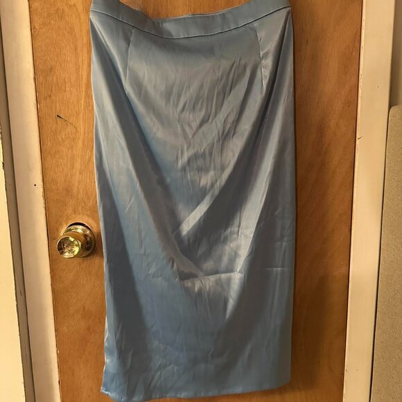 AKIRA - Blue Satin Midi Skirt with Feather Trim - Picture 4 of 5